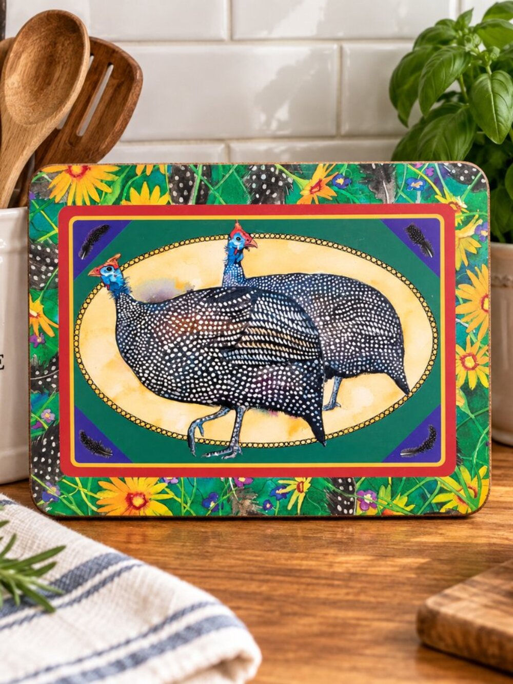 Vintage Guinea Fowl Cork-Back Kitchen Trivet
